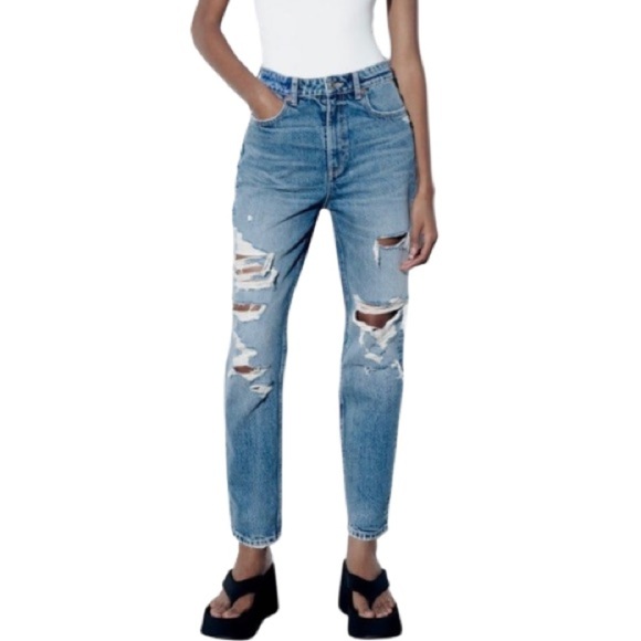 Zara Ripped Ultra High Waist Mom Jeans Blue Light Wash Denim Ankle Size 2 - Picture 1 of 10